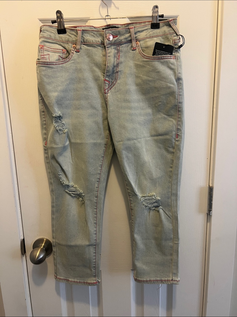 True Religion Mint Green Cropped Distressed Jeans